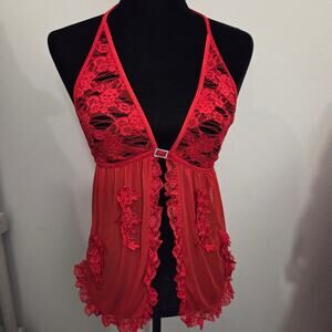 Red Lace Halter Babydoll Lingerie Top Silver Hardware OS